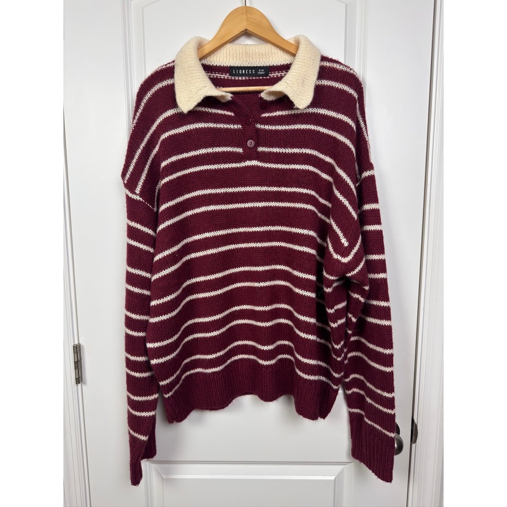 Lioness Rising Sun Jersey Stripe Polo Sweater Crimson S-M New Without Tags